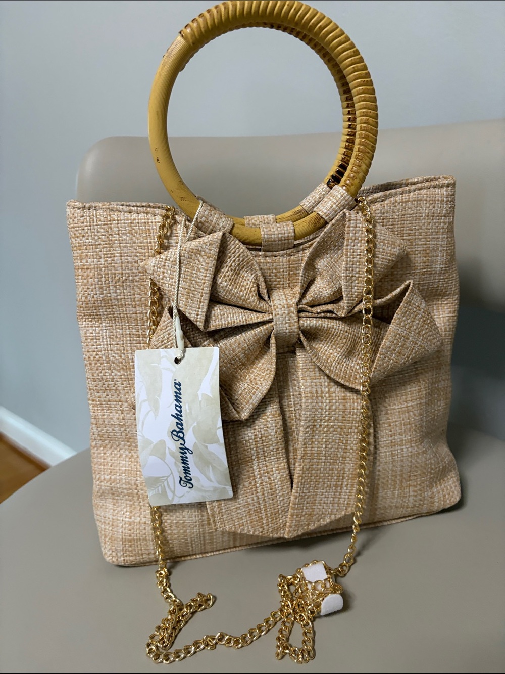NWT Tommy Bahama Natural Bow Accented Tote Bag Wood Handles YG72396